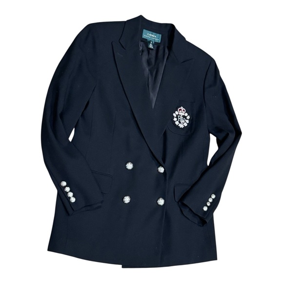 Vintage Ralph Lauren Black Wool Blazer with Large Crest Emblem Size 12 - Picture 3 of 6